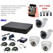 Kit supraveghere video AKU 4 camere 1200TVL 1280x960 pixeli + DVR 4 canale FULL HD 1080N H264, interior exterior carcase metalice, iesire internet cu vizualizare pe telefon mobil tableta desktop